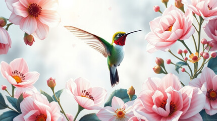 Hummingbird joyfully feeding against a floral background with copy space