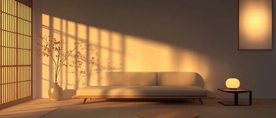 Modern living room with a minimalist design. the room has a large window on the left side with wooden blinds, allowing natural light to enter the space.