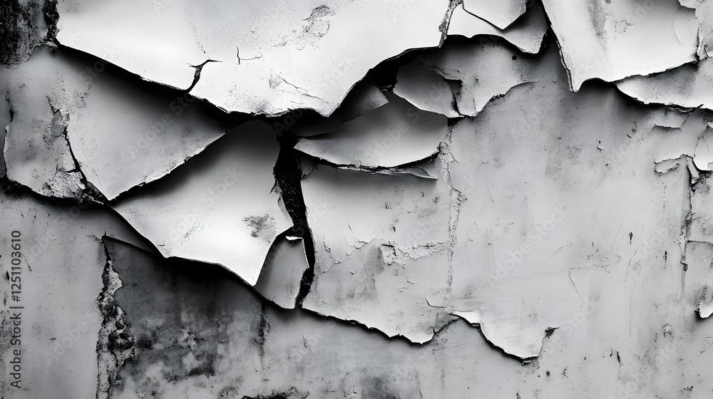 Poster dramatically deteriorating distressed texture of dilapidated wall with peeling paint and crumbling p