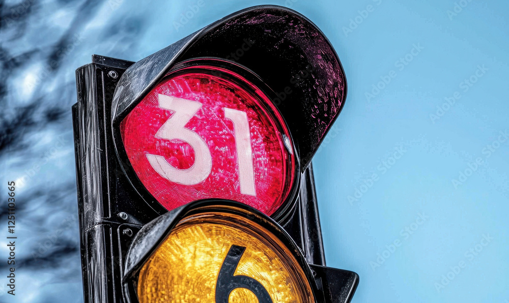 Poster a close-up of a traffic signal displaying a red light with number 31 and yellow light with number 6,