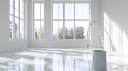 Sunny room renovation, paint, ladder, plastic sheet