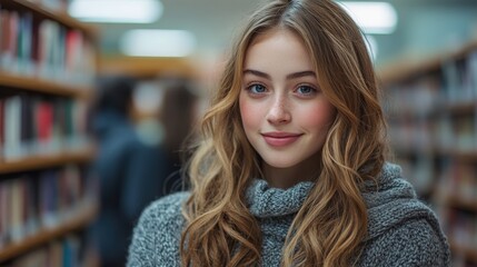 Young Woman Smiling In Library Portrait