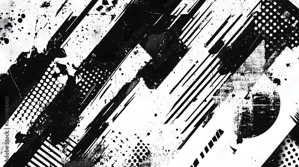 Aufkleber Dynamic abstract painting with bold black and white brush strokes splatter and grunge texture effect  Vibrant expressive and modern digital art design