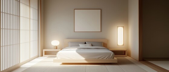 Fototapeta premium Modern and minimalist bedroom with a large window on the left side. the window has white vertical blinds that let in natural light.