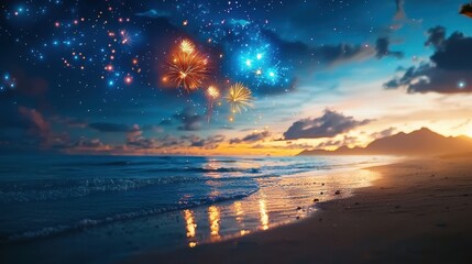 Obraz premium Vibrant Fireworks Over Beach at Dusk with Dazzling Sky and Reflective Water, Perfect for Celebrations and Summer Nights