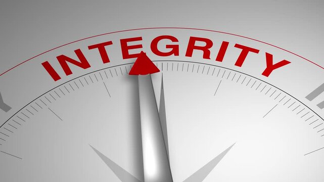 Integrity text or word with a gauge arrow on a compass, representing guidance and direction on a clean white background. Ideal for business, coaching, consulting, and concept