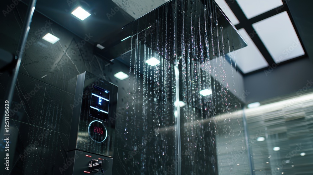 Aufkleber smart shower system in luxurious bathroom: water usage and temperature control display for modern li