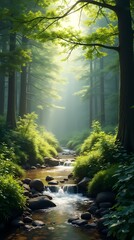 Fototapeta premium Summer forest landscape with sunbeams breaking through dense foliage and a babbling brook in the foreground