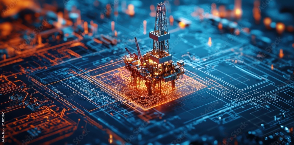 Poster digital oil rig surrounded by glowing circuit patterns, symbolizing the fusion of technology and ene