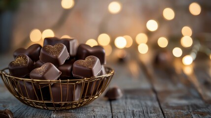 Unwrapped Valentine chocolates shaped like tiny gift boxes and flowers, with glossy chocolate finishes, nestled in a decorative gold wire basket, placed on a distressed wooden surface with string 