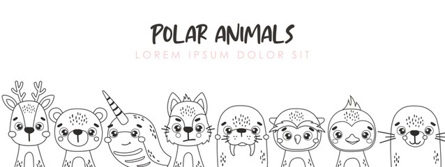 Polar line animals set isolated, outline cute arctic animals, kids vector cartoon, coloring © ElenaVector44