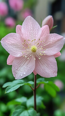 Obraz premium A delicate pink flower adorned with raindrops, showcasing natures beauty in a soft-focus garden setting