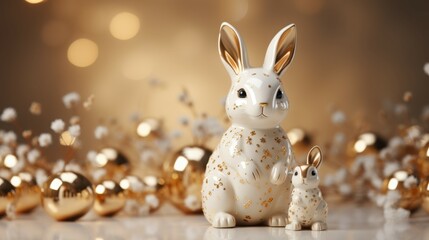 Sculptural Ceramic Rabbit Figurine with Gold-Speckled Easter Eggs and Luxury Home Decor