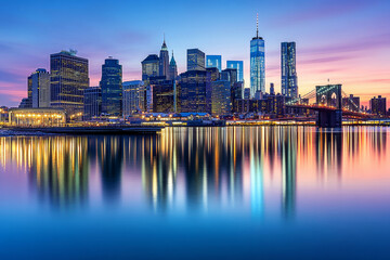 Obraz premium City skyline reflecting on calm water during vibrant twilight with colorful hues and bright city lights creating a serene urban landscape