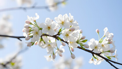 Spring day. Spring nature. Branches of blossoming cherry with soft focus on light blue sky background in sunlight. Beautiful floral image of spring nature. White flowers the fruit tree. with white s