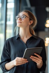 Happy confident young professional woman, female entrepreneur, businesswoman looking away, holding tab standing in office at work dreaming of future success.