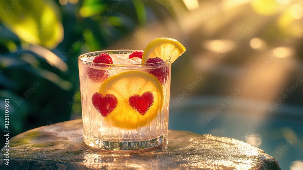 Poster valentineâ€™s day drink â€“ raspberry lemonade mocktail with heart-shaped lemon slices and fresh ras