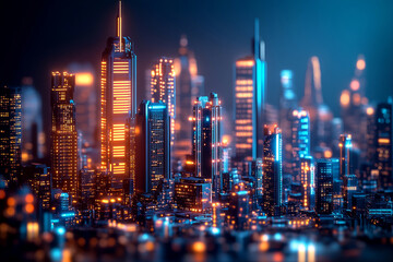 Fototapeta premium Futuristic city skyline illuminated with vibrant neon lights in blue and orange hues, high-rise buildings reflecting modern urban architecture