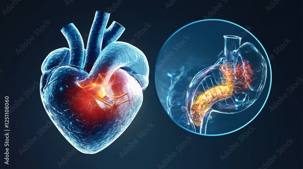 Poster an illustration of a heart with a focus on its connection to the digestive system.