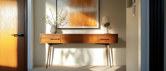 Wooden console table with two drawers and a vase with a plant on top. the table is placed against a white wall with a large abstract painting hanging above it.