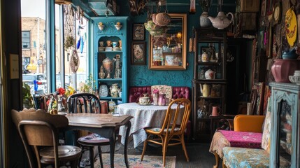 A cozy, eclectic shop with a teal wall, wooden furniture, and various decorative items.