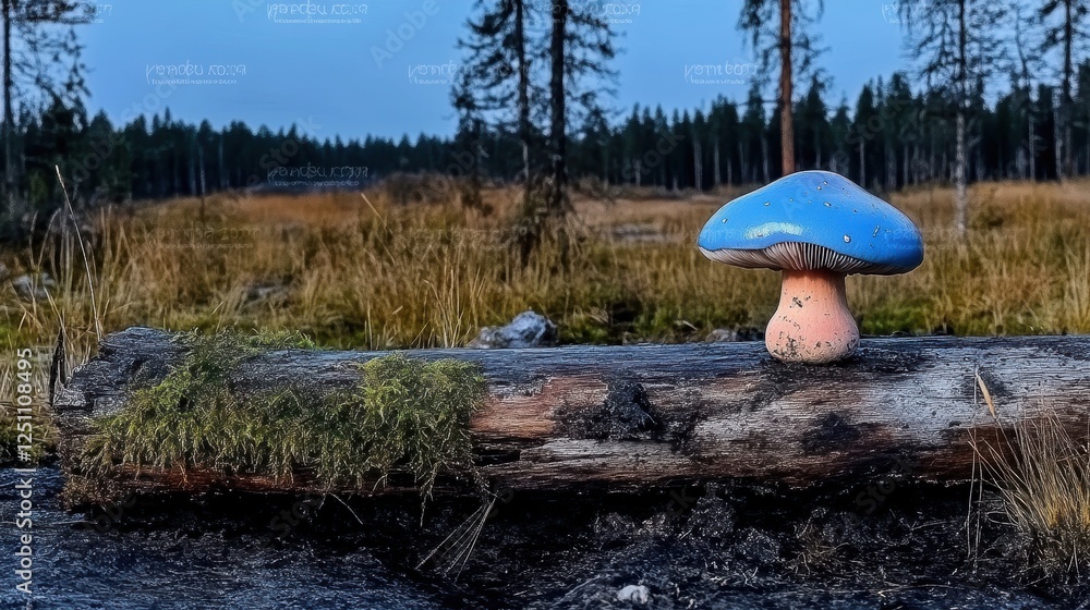Poster a colorful mushroom sits atop a log in a tranquil forest setting.