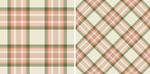 Two elegant plaid patterns in soft peach, cream, and olive green. Perfect for textile designs, apparel, wrapping paper, or website backgrounds.