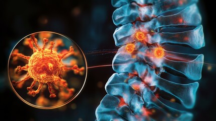 Illustration of a spine with a virus close-up, depicting infection or disease impact.