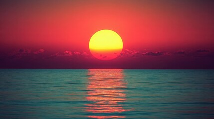 Obraz premium Ocean sunset, fiery red sky, calm water, horizon. Use travel, nature, serenity
