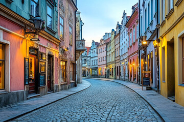 Obraz premium Charming cobblestone street lined with colorful historic buildings and warm glowing lights