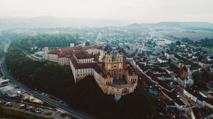 Aerial view of the famous St. Peter and Paul Church in Melk Benedictine Abbey, Wachau Valley, Lower Austria.