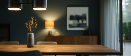 Modern dining room with a wooden table in the center. on the table, there is a vase with dried branches in it. above the vase, there are three black pendant lights hanging from the ceiling.