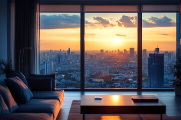 Fototapeta premium Luxurious modern interior with panoramic city view at sunset