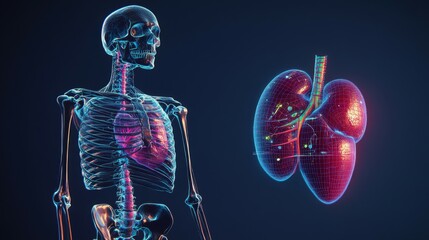 A skeletal figure with a glowing, 3D representation of a kidney, illustrating human anatomy.