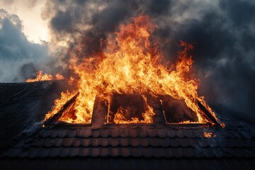 Flames consume attic as fire engulfs roof of old building during afternoon emergency response. Generative AI