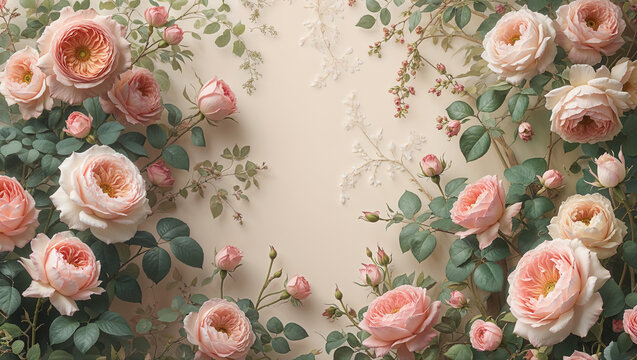 Beautiful floral composition with lush roses on a soft beige background, ideal for wedding invitations and romantic designs.