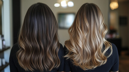 Fototapeta premium Two women with long, wavy hair showcasing a stunning blend of dark and light brown tones, highlighting modern hair styling techniques