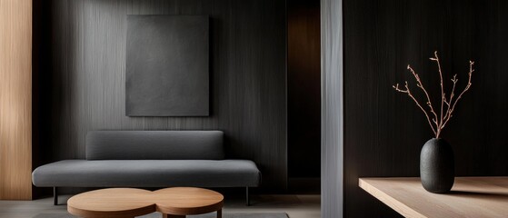 Modern living room with a minimalist design. the walls are covered in dark grey panels, and there is a large black abstract painting hanging on the wall above the sofa.