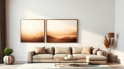 Mockup poster frame on the wall of living room. Two paintings of different sizes. Diptych. Monochrome interior design. Bohemian design. 3D render, 3D visualization. Cozy interior in warm beige colors