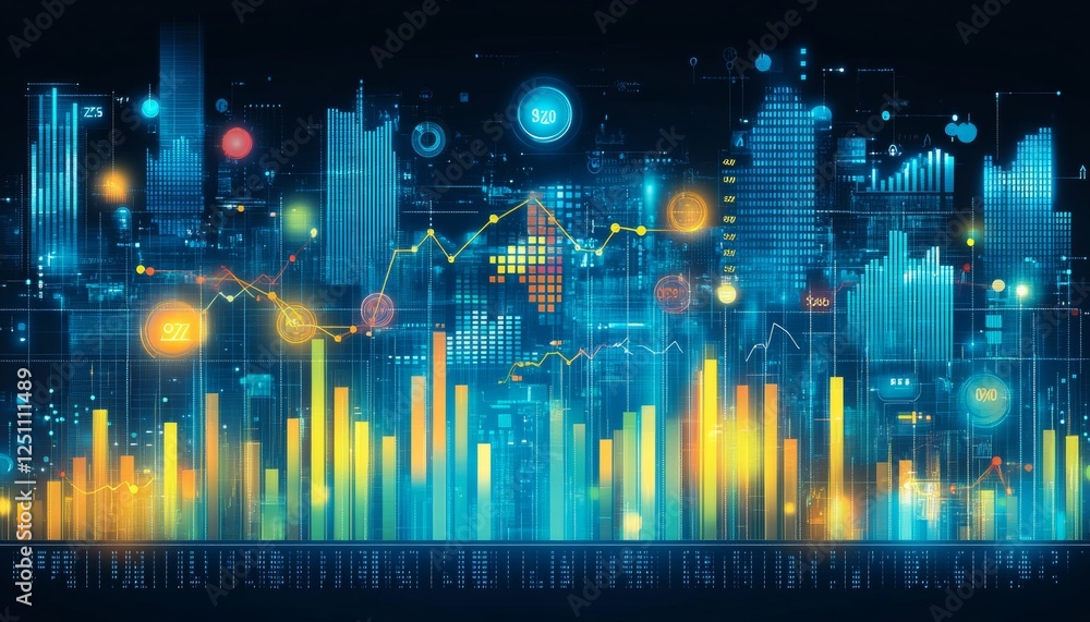 Poster abstract financial chart with bar and line graphs, data visualization, blue background