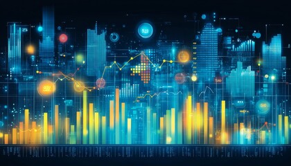 Abstract Financial Chart With Bar And Line Graphs, Data Visualization, Blue Background