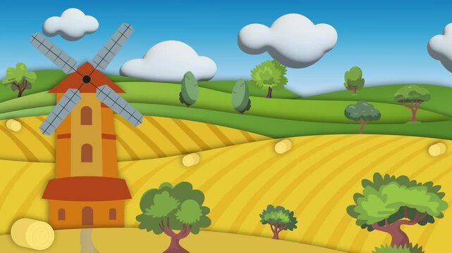A mill on a wheat field (4k animation, looped)