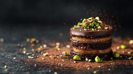 A delicious layered dessert featuring chocolate and pistachio, garnished with pistachio nuts and cocoa powder, set against a dark stone surface symbolizing indulgence and gourmet flavor.