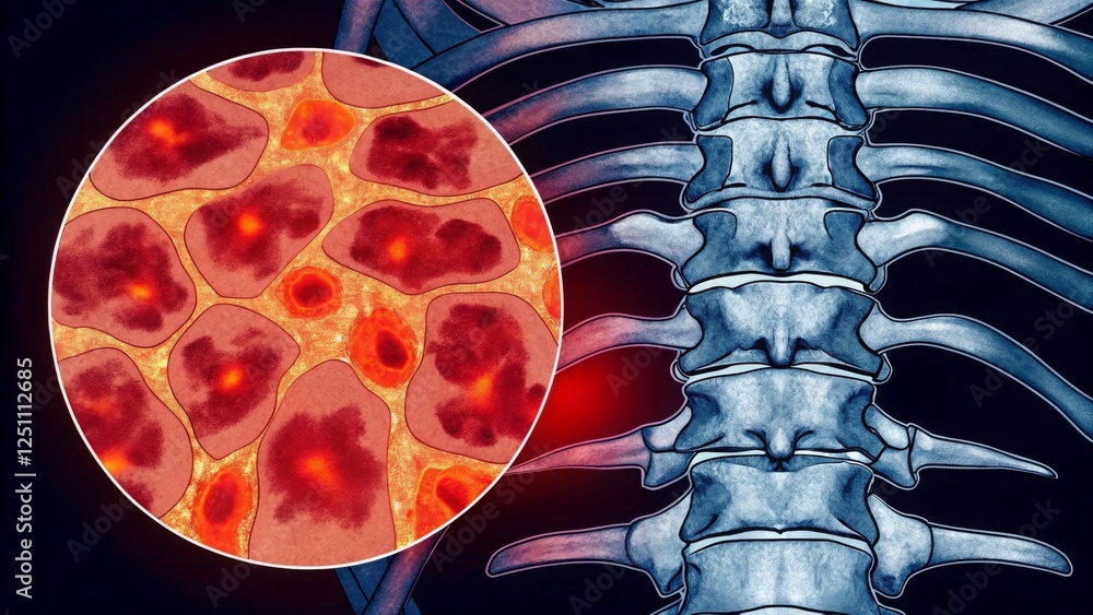 Poster illustration of a spine with an inset showing cellular structure, emphasizing anatomy.