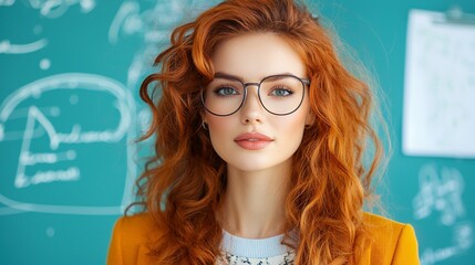 Confident Young Woman with Red Curly Hair and Glasses in Academic Setting