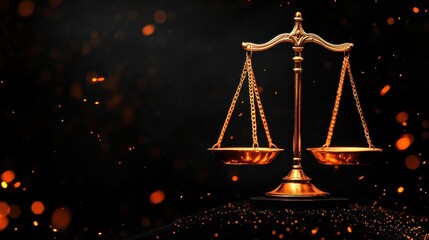 A golden scale symbolizing justice stands against a dark background, illuminated by soft light, representing balance and fairness.