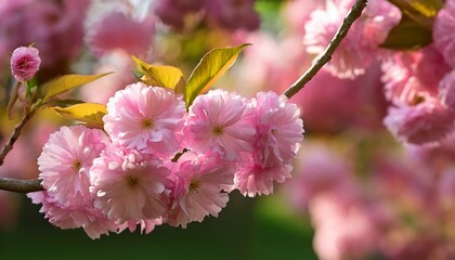 Prunus glandulosa - Rosea Plena double pink flowers of Chinese bush cherry in spring garden