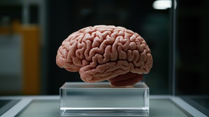A detailed anatomical model of a human brain displayed in a modern laboratory setting
