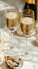 Elegant champagne glasses with bubbles, set against a soft coral backdrop, perfect for celebrating special moments. sparkling wine in glasses and oysters on the table