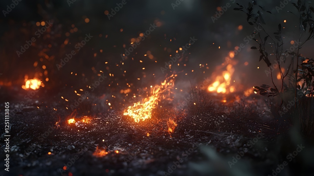 Poster Intense fiery explosion and raging blaze causing chaotic destruction and devastation in the natural environment with flames smoke and debris engulfing the landscape